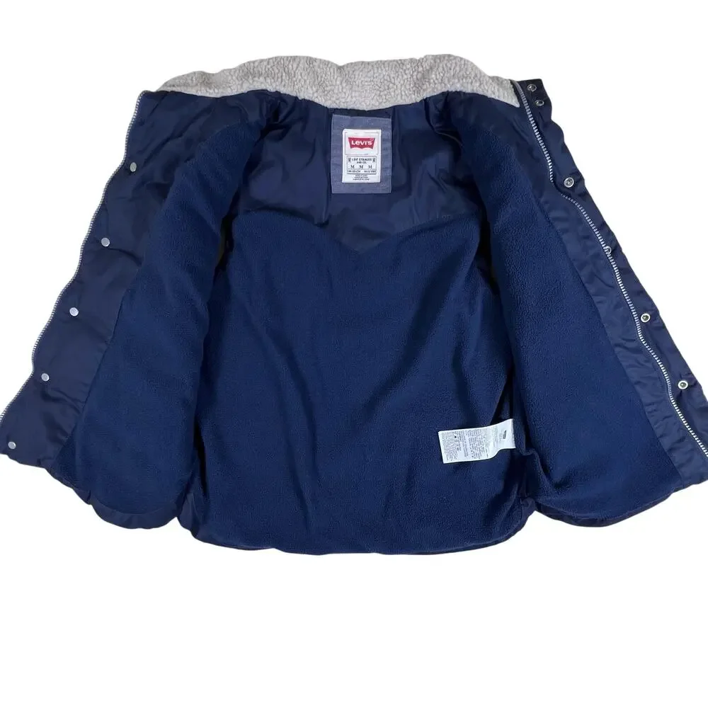 Levis Puffer Vest Youth M Sherpa Collar Logo Back Fits Womens XS Navy Red Warm